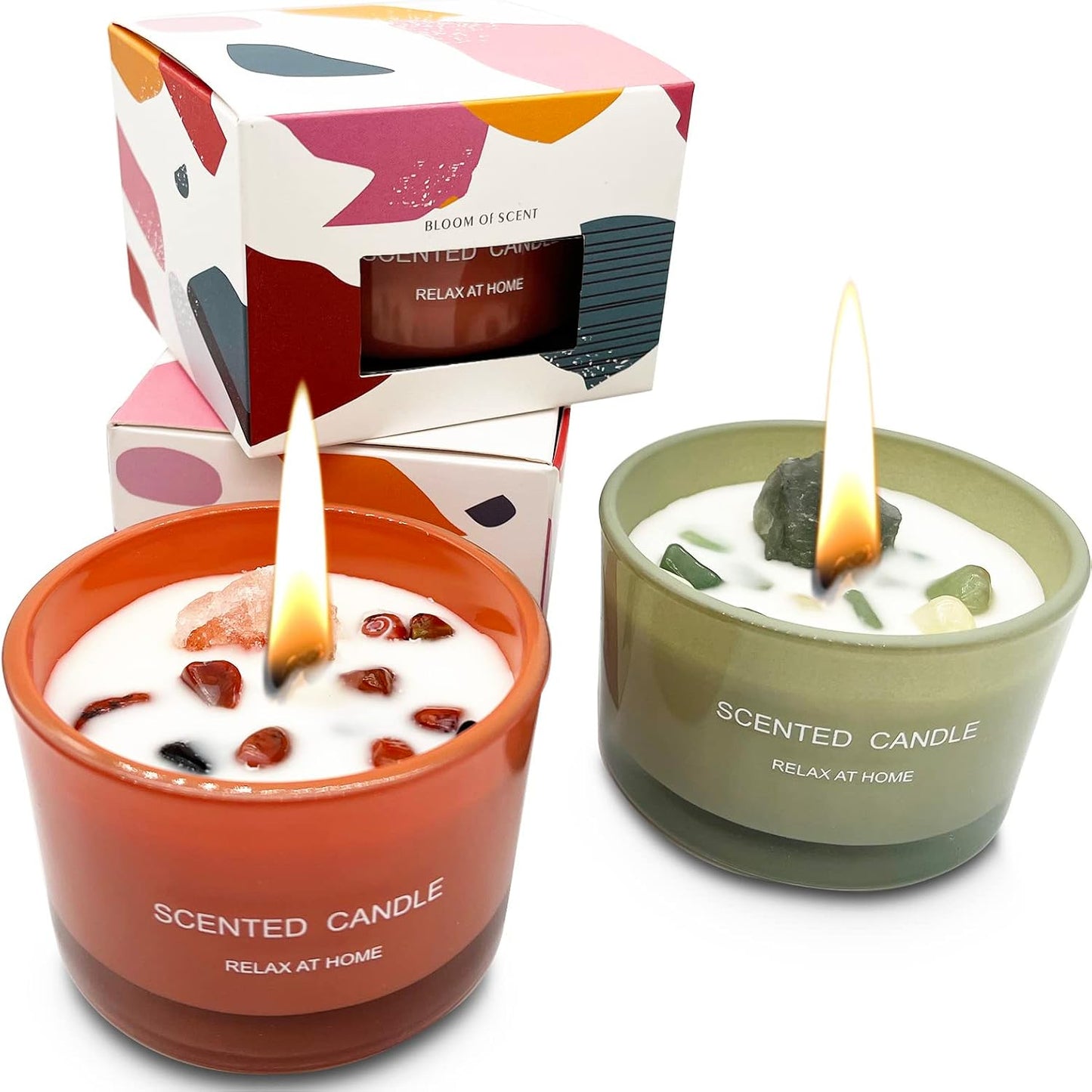 Healing Crystal Candles Chakra Jar Candle Soy Candle Gifts for Women Scented Candle Set 2 Pack Green and Orange