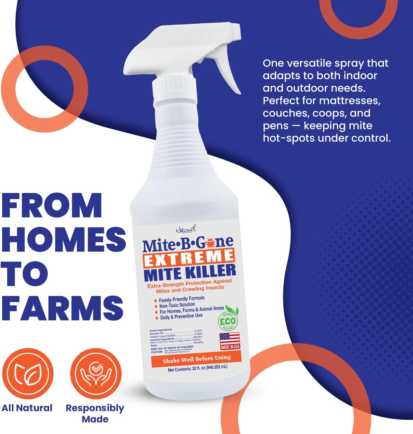 Mite-B-Gone Extreme Mite Killer Spray, 32 oz – Extra-Strength Surface Treatment for Bedding, Furniture, Carpets, Home & Pet Use – Plant-Based, Made in USA