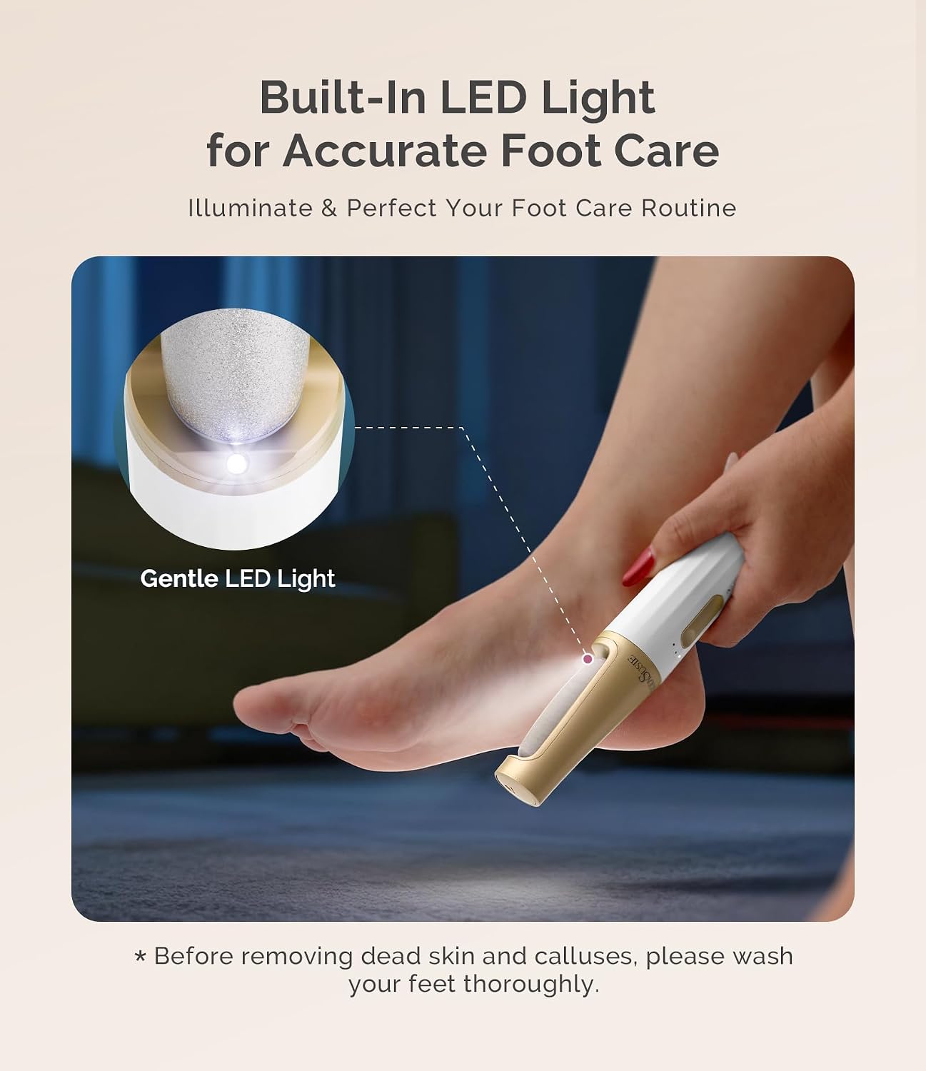 MelodySusie Electric Callus Remover for Feet, PC800G IPX7 Waterproof Rechargeable Pedicure Tool with LED Light & 3 Grits Roller Heads & Adjustable Speeds, for Dead Skin & Cracked Heel, White Gold