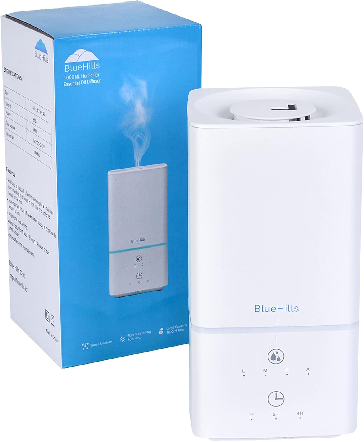BlueHills 1000 ML Premium Essential Oil Diffuser Humidifier Combo Square White Aroma Diffuser for Large Room Home Quiet Modern Design Long Run Time High Capacity Oil Diffuser - Solid White - H101