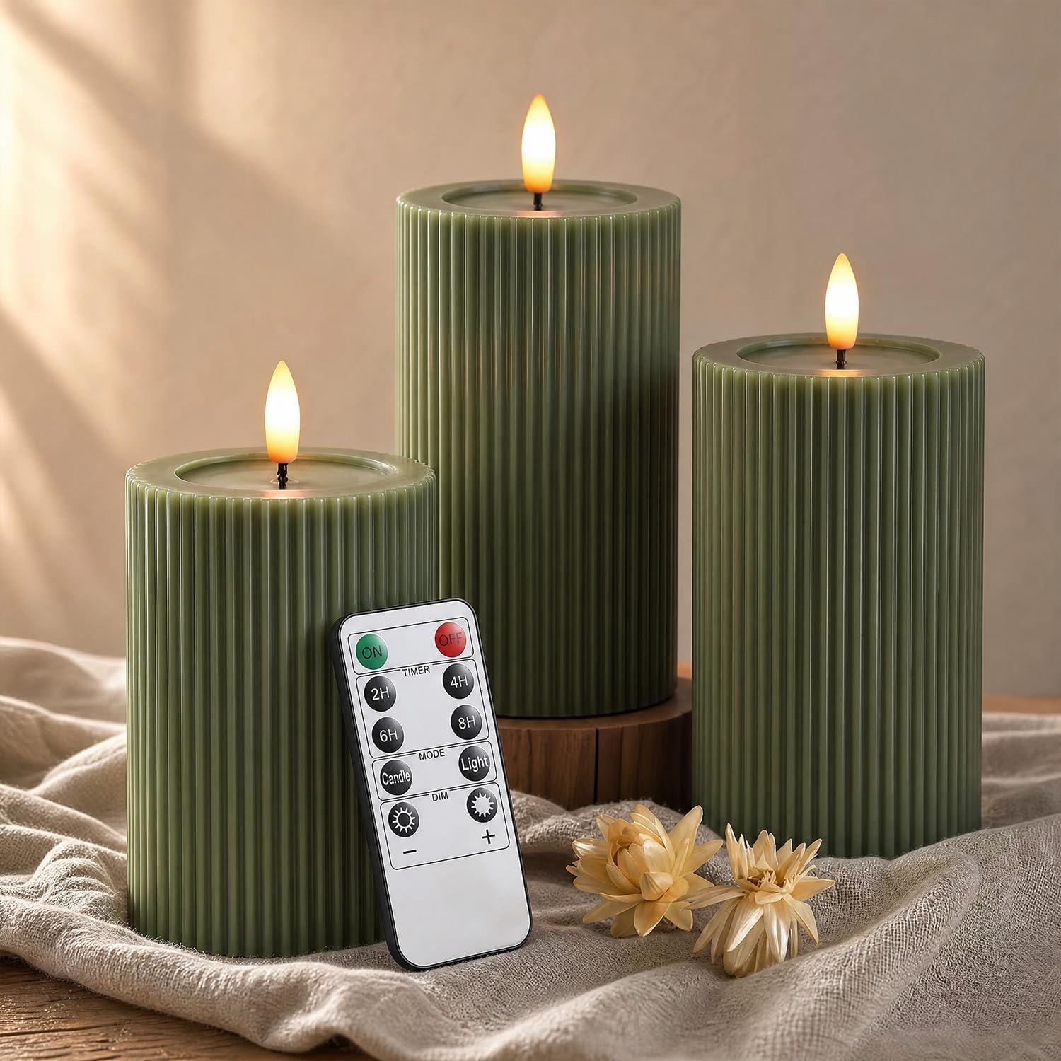 Fluted Ribbed LED Pillar Candles, Loden Green, with Reflective Melted-Wax Effect – Flickering Flame, Remote, Dimmable, Flameless, Battery Operated, Home & Wedding Decor (Set of 3)