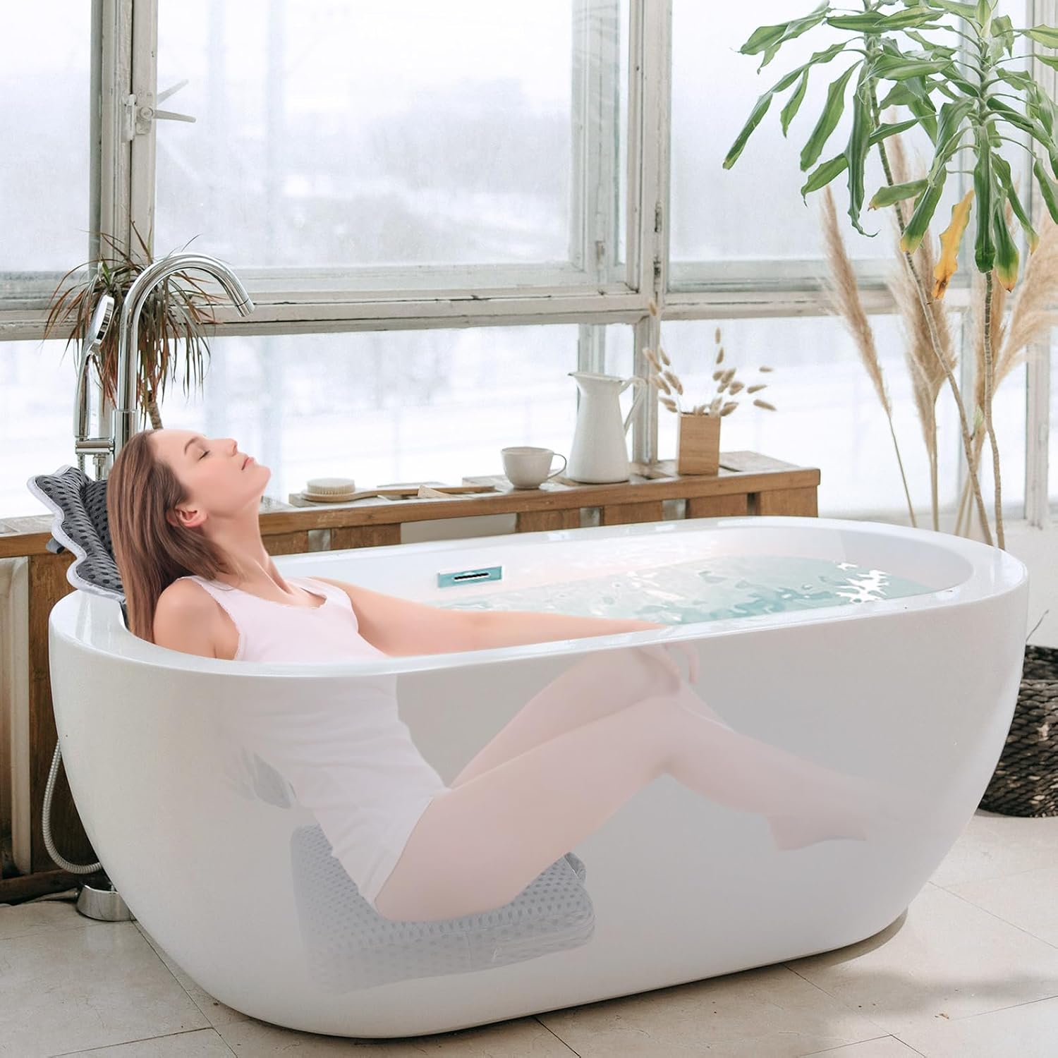 Novabright Bath Pillow and Mat Set for Head and Neck Nonslip Bathtub Pillow 4d Thick Tub Seat Mat with 6 Suction Cups Portable Seat Cushion Tub Accessories for Indoor Outdoor