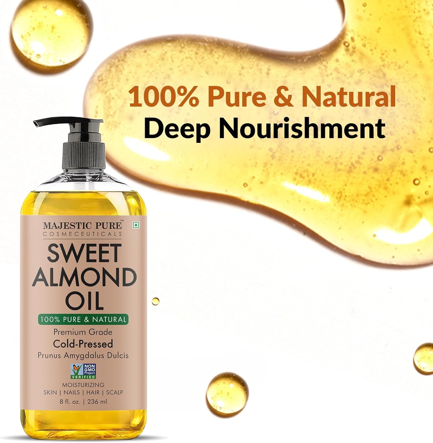 Majestic Pure Oil - 100% Pure and Natural- Cold Pressed & Hexane Free Natural Hair Growth Oil for Eyelashes, Eyebrows, Skin, Body, Face, Nails & Scalp - Sweet Almond Oil 8 Fl Oz