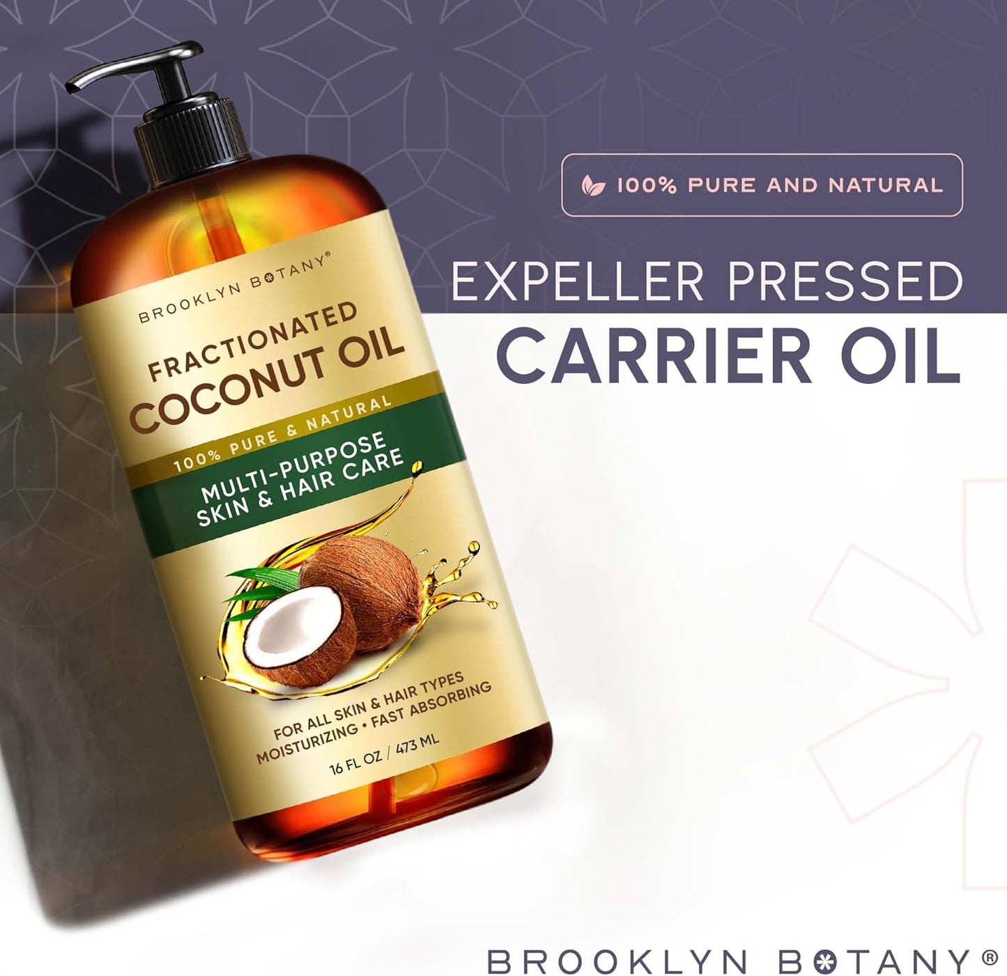 Brooklyn Botany Fractionated Coconut Oil | 16 Fl Oz | Hair | Face | Body | 100% Pure and Natural | Carrier Oil | Aromatherapy | Massage | Ayurvedic Hair Care | Hexane-Free