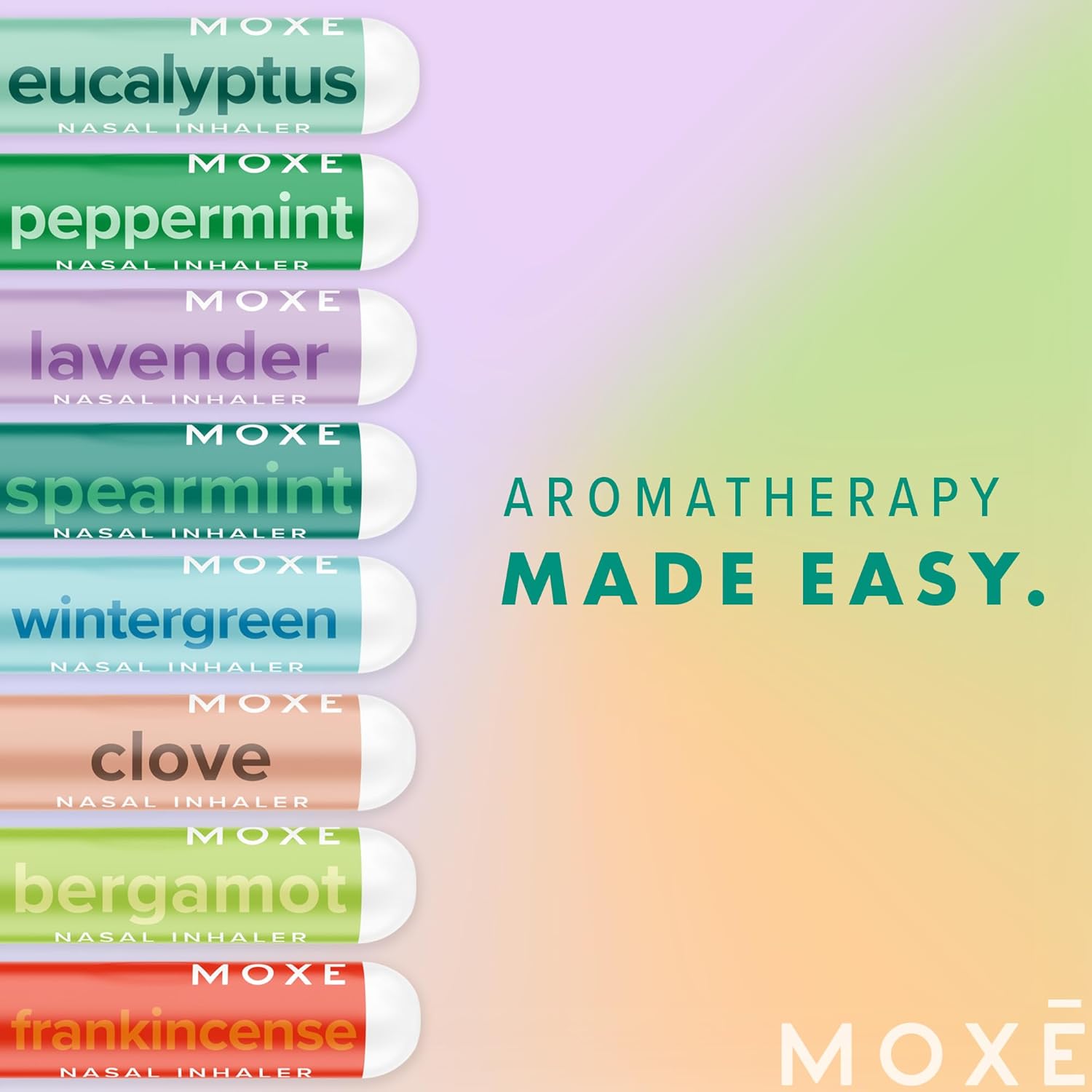 MOXĒ Nasal Inhalers Bundle, 8 Essential Oils, 100% Pure and Undiluted, Therapeutic Grade, No-Mess Portable Aromatherapy, Includes Eucalyptus, Peppermint, Lavender, Wintergreen, Made in USA - Pack of 8