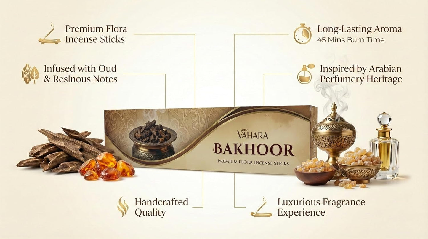Premium Vahara Bakhoor Incense Sticks Oud, Resin & Amber Aroma for Home, Meditation, Relaxation, Prayer & Aromatherapy Long Burning Handcrafted Incense (100g)