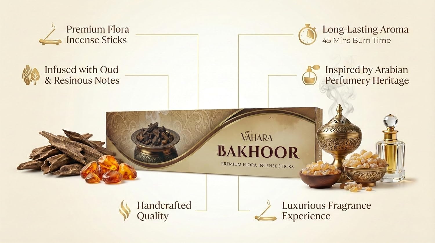 Premium Vahara Bakhoor Incense Sticks Oud, Resin & Amber Aroma for Home, Meditation, Relaxation, Prayer & Aromatherapy Long Burning Handcrafted Incense (100g)