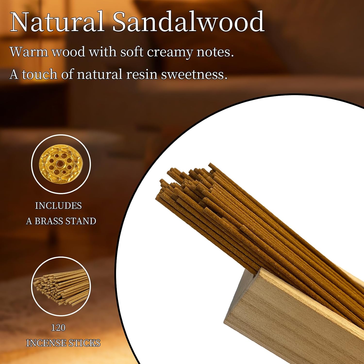 Sandalwood Incense Sticks - 120 Core-Free Low Smoke Incense with Brass Holder for Aromatherapy, Meditation, Yoga - Pet Friendly Eco-Friendly Gift Set - Pure Scent 45-60 Burn Time