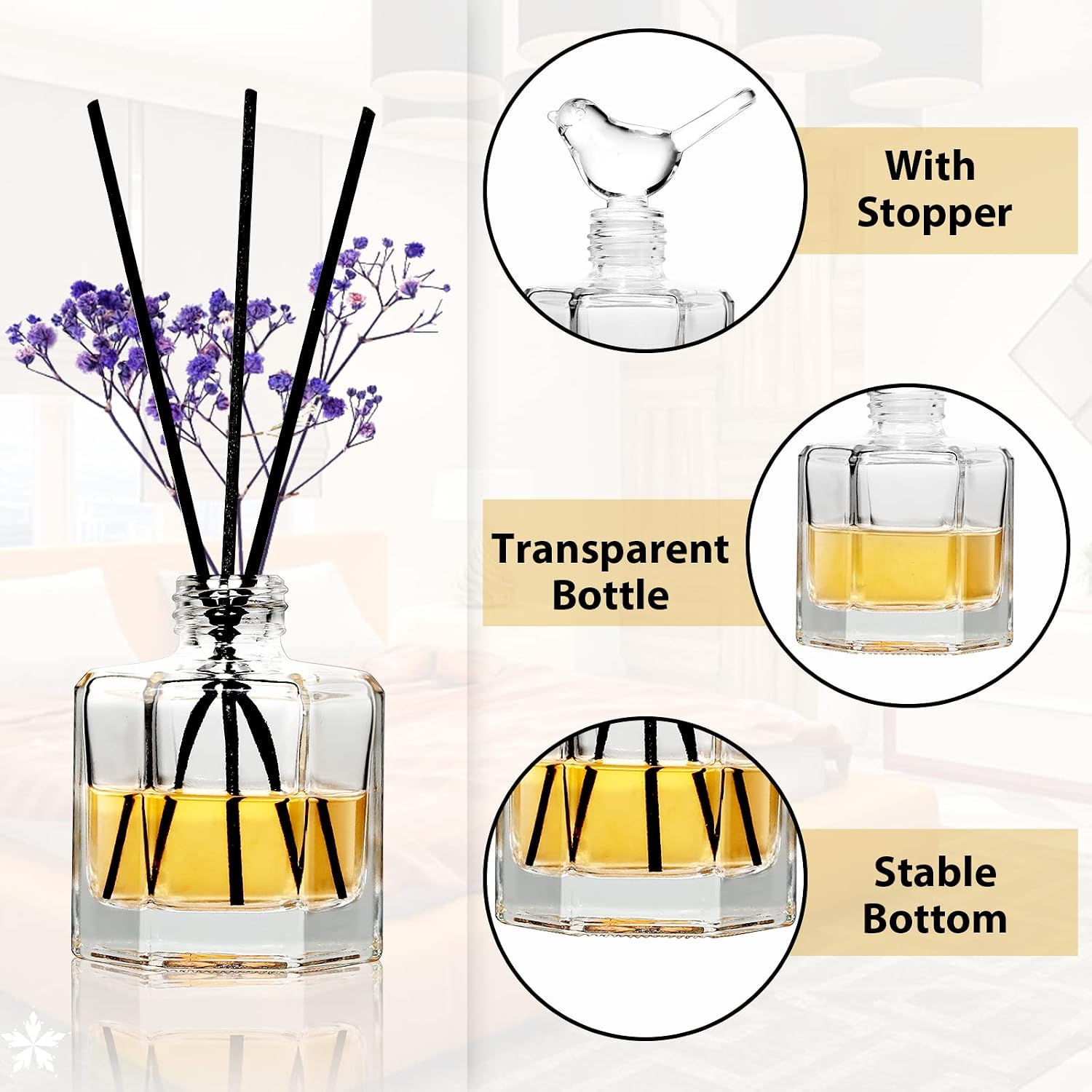 Gift Set-Glass Diffuser Bottles Set of 5 Reed Diffuser Bottle Clear Empty Decorative Bottles Vases Reeds Bulk DIY for Perfume Fragrance Home Office Desk Decoration Wedding Girl Women