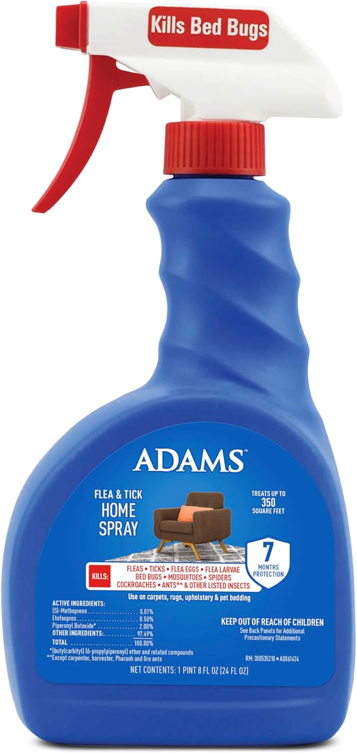 ADAMS Flea & Tick Home Spray for Indoor House Treatment, Tick and Flea Spray for Home, Carpet, Furniture & Pet Bedding, Controls Bed Bugs, Cockroaches, Spiders & Mosquitoes, 24 oz