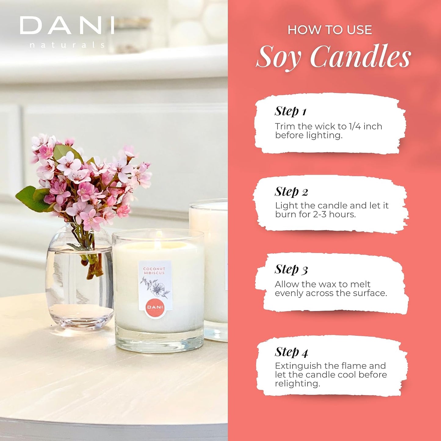 DANI Naturals Soy Candle - Coconut Hibiscus Scented, 100% Pure Soy Wax, Kosher, Non-Toxic, Long-Lasting Burn - 7.5 oz