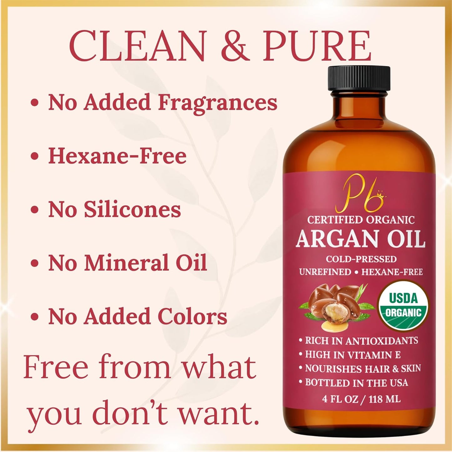 Argan Oil – 100% Pure, Cold-Pressed & Unrefined USDA Organic Moroccan Argan Oil for Hair, Face & Skin, Organic Argan Oil Hair Treatment for Dry, Damaged Hair- 4 Fl Oz Glass Bottle with Dropper