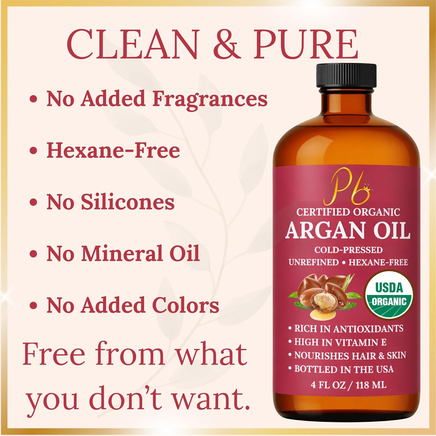 Argan Oil – 100% Pure, Cold-Pressed & Unrefined USDA Organic Moroccan Argan Oil for Hair, Face & Skin, Organic Argan Oil Hair Treatment for Dry, Damaged Hair- 4 Fl Oz Glass Bottle with Dropper