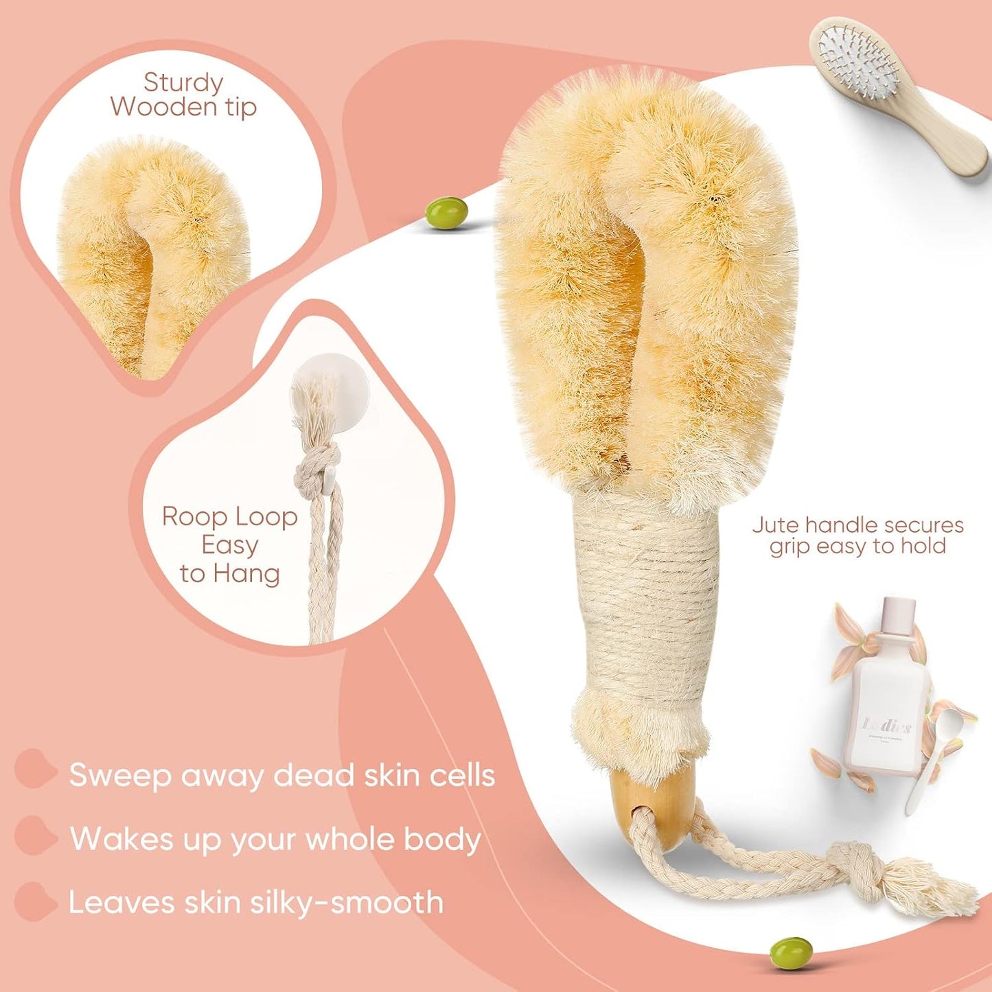 2 Pcs Dry Brushing Sisal Body Brush, Natural Bristle with Fibers Scrubber, Dry Skin Exfoliating Bath Shower for Skin Care