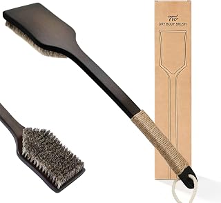 Back Scrubber Shower Brush,Dry Brushing Body Brush with 17.7 Inch Curved Long Handle, Natural Bristles for Lymphatic Drainage, Soft & Stiff Bristles Available (Natural Fiber, Medium)