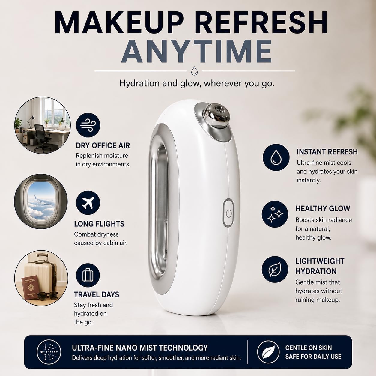 Facial Steamer Nano Mist – Portable USB Rechargeable Face Mister for Hydrated Glowing Skin – Ultra Fine Cold Mist for Makeup Settings, Dry Skin & Travel Beauty Device,