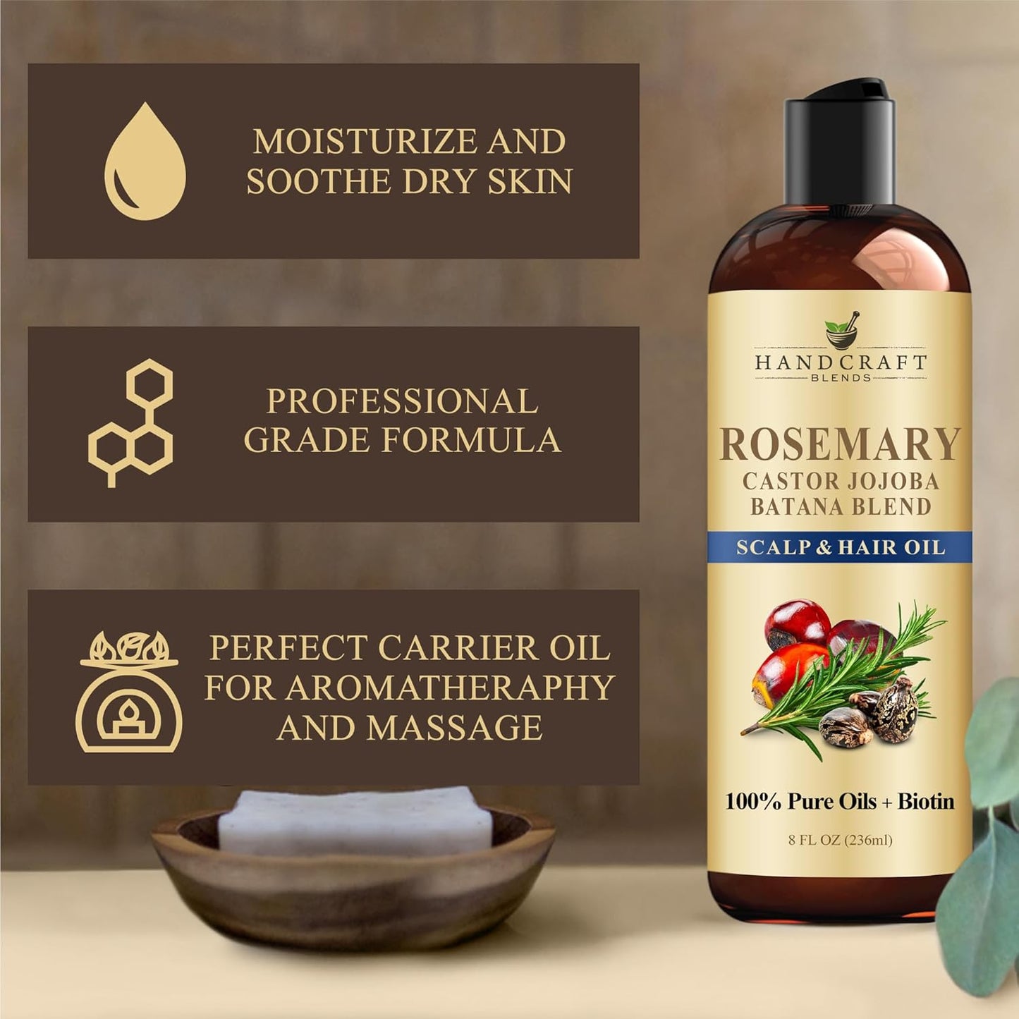 Handcraft Blends Rosemary Oil for Hair 8 Fl Oz | Nourishing Hair Oil | 100% Pure and Natural | Rosemary, Castor, Jojoba, and Batana Oils & Biotin | Carrier Oil