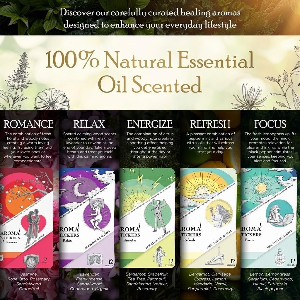 AROMA STICKERS® Original Blend Edition All in One - 100% Natural Essential Oil Scented - Aromatherapy Sticker Diffuser for Relaxation & Energy Boost (Pack of 5, 12 Stickers/Pack, 60 Stickers Total)