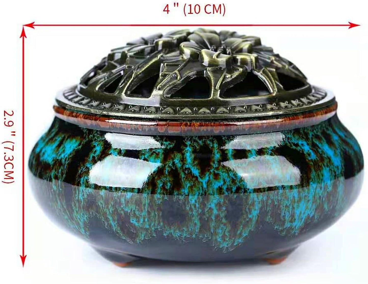 Censer Sky Blue Incense Burner with Calabash Incense Stick Holder - Porcelain Charcoal Censer for Use with Resin Granular Powder Cone or Coil Incense (Blue Fambe)