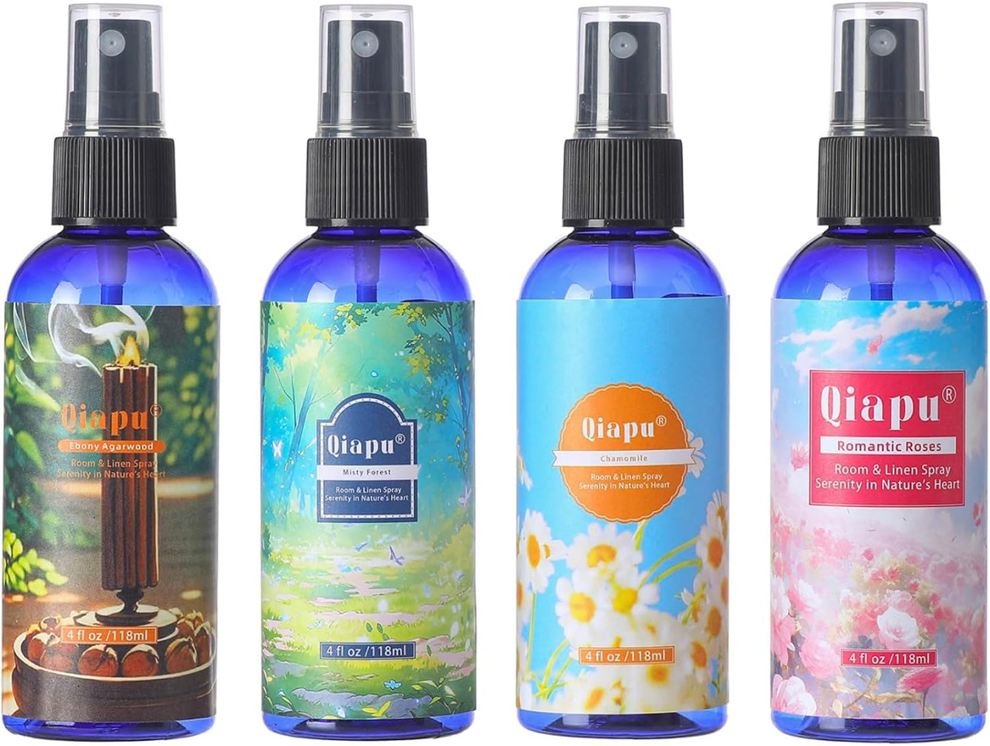 Natural Bedroom Linen Spray Scented Room Mist with Plant Extracts Long Lasting Freshness for Sheets, Pillows & Curtains –Ebony Agarwood + Misty Forest + Chamomile + Romantic Rose 4oz（4 Bottle）