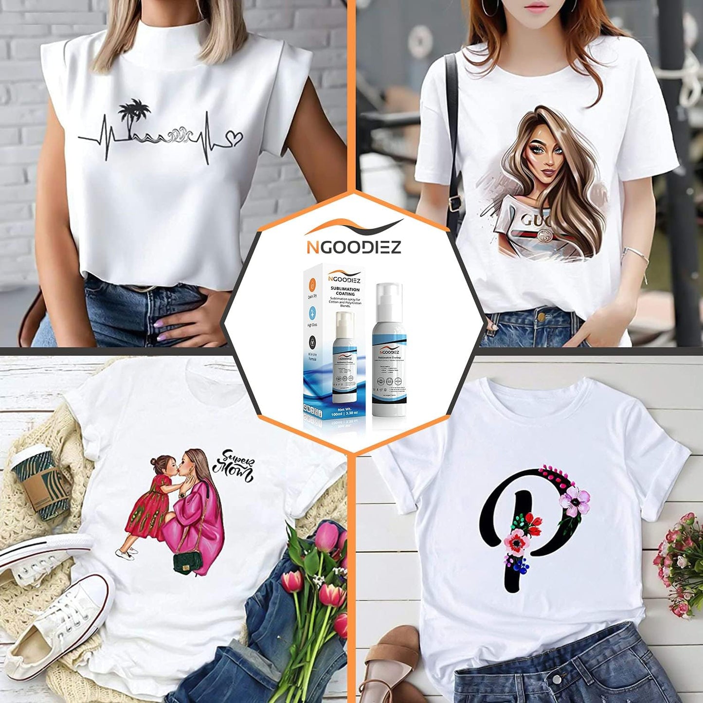 NGOODIEZ Sublimation Spray for Cotton T-Shirts & Polyester | Complete Kit with Pro Guide | Sublimation Coating Spray for All Materials | Quick Dry, Anti-Fade, Washable, One Step Application (250ml)