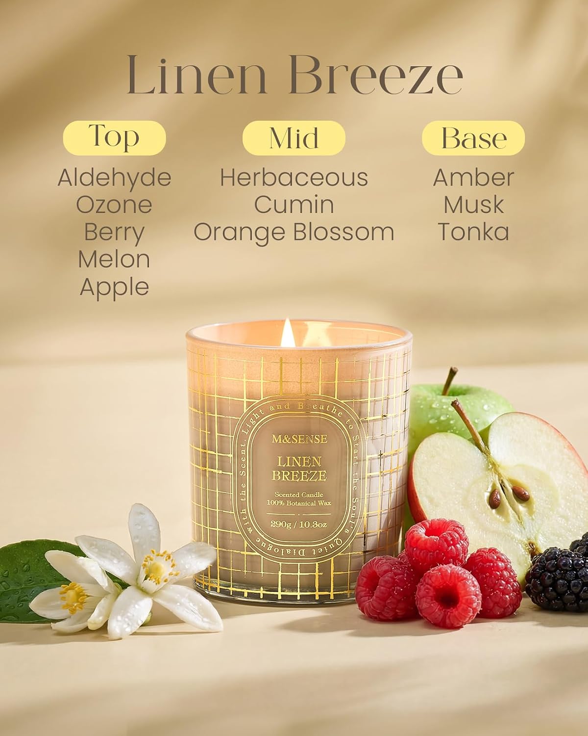 M&SENSE Fresh Linen Soy Candle 10.3oz Golden Stamped | Non-toxic, 55H Slow Burn, Clean Cotton Summer Scented, Laundry Room & Bathroom Freshener