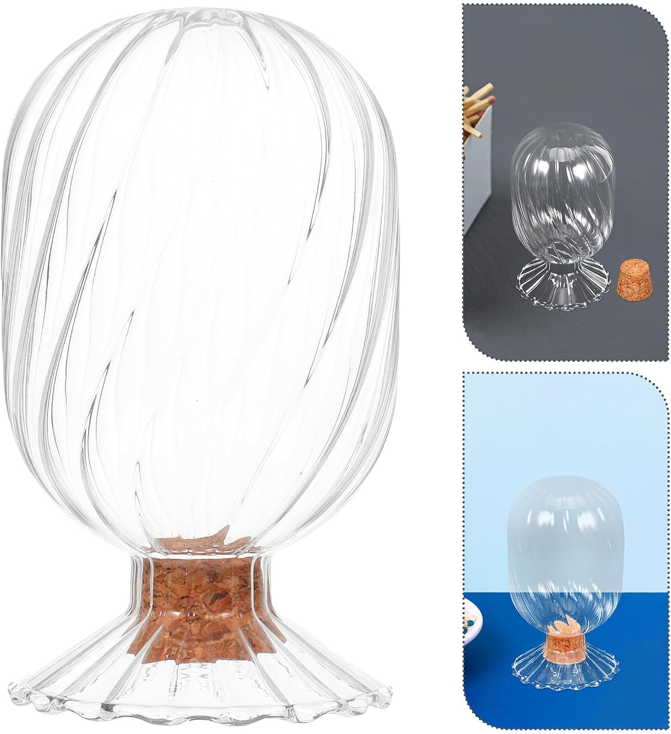 PRETYZOOM Glass Match Holder Cloche with Cork Lid Helix Shaped Glass Jar for Fireplace Display and Decorative Storage in Home Bathroom