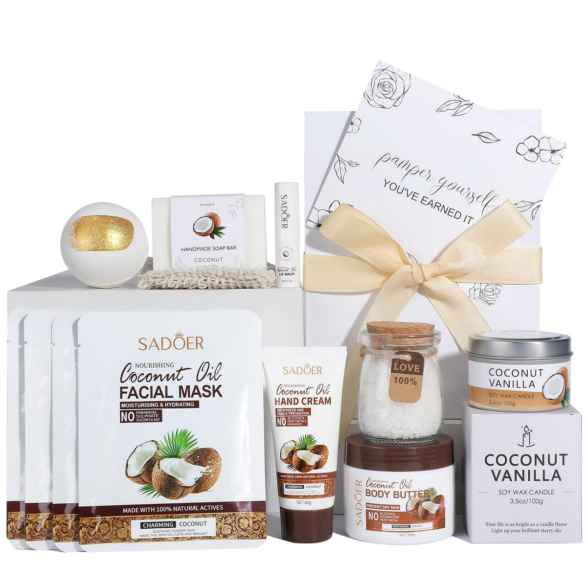 Coconut Spa Gifts for Women Birthday Self Care Kit Mothers Gifts Basket Thank You Relaxing Bath Sets for Moms Friends