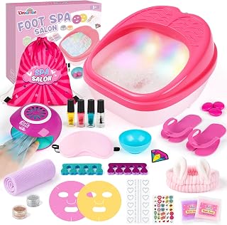 Dreamon Kids Foot Spa & Nail Kit Set - 25 Pcs Kids Spa Day Kit with Middle Size Rainbow Light Massage Foot Soak Tub - Manicure Pedicure Art Salon Girl Stuff - Christmas Birthday Gift for 3-12 Year Old