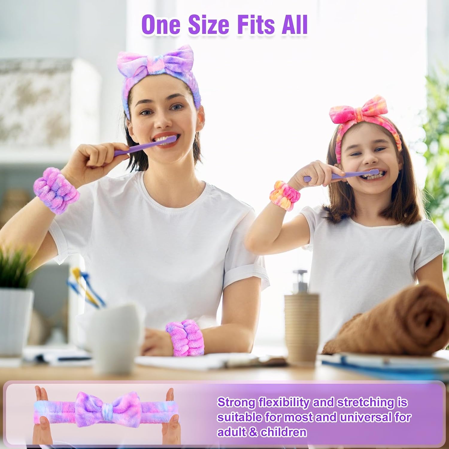 6 Pack Spa Headband with Wristbands: Washing Face Facial Makeup Skincare Headbands for Women Teen Girls - Soft Coral Fleece Elastic Hair Wraps for Easter Basket Stocking Stuffers Valentines Day Gifts
