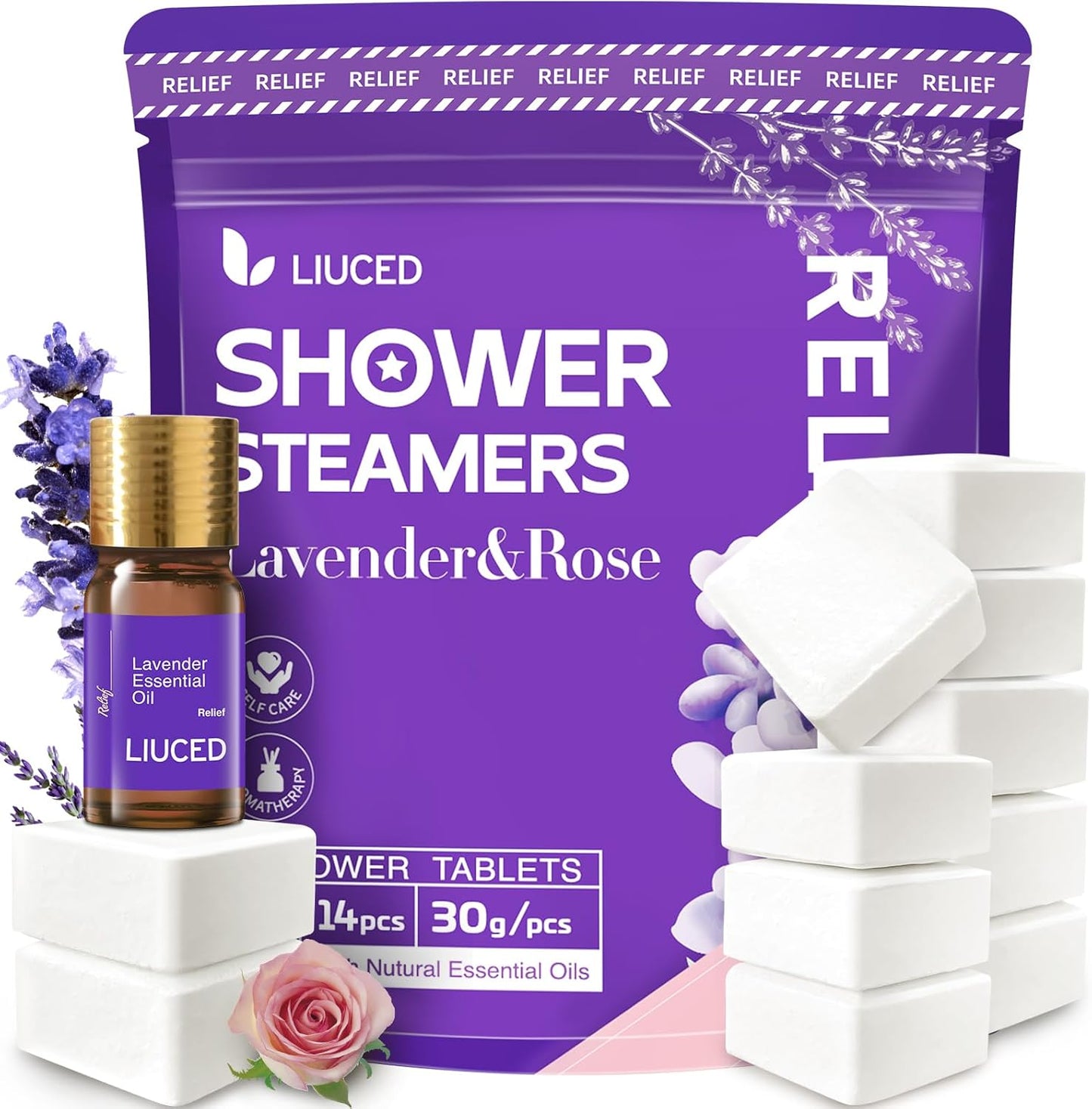 Shower Steamers Aromatherapy - 14 Pack Lavender & Rose Shower Bombs and 5ml Natural Lavender Essential Oils, Birthday Day Gifts for Mom Wife, Self Care Stress Relief Gifts for Women Her