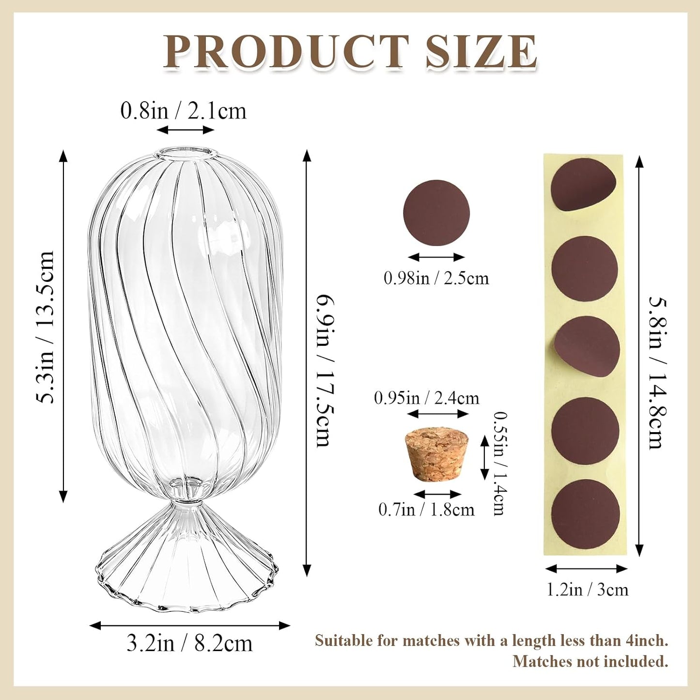 Large Glass Match Holder with Striker, Helix Shaped Clear Match Cloches Glass Long Match Jar Decorative Dome Match Stick Container for 4" Matches Flowers Bathroom Display Decor, Not Include Match