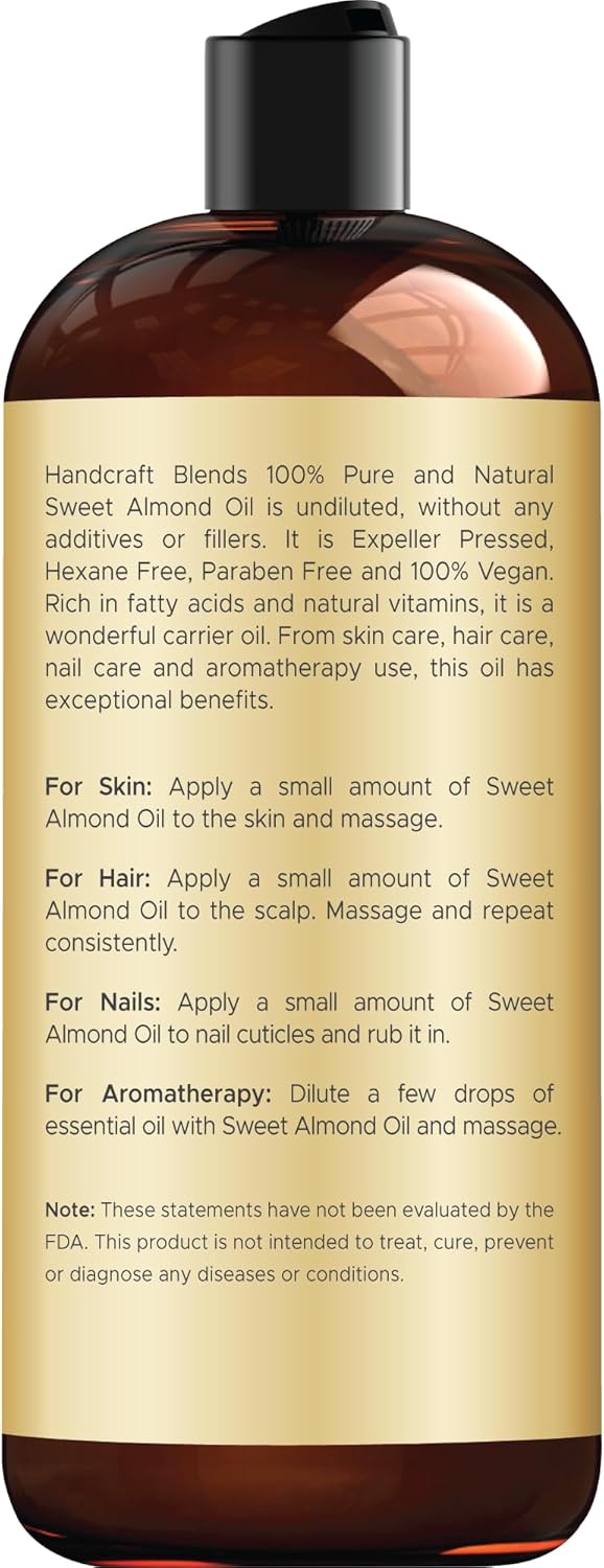 Handcraft Blends Sweet Almond Oil | 100% Pure and Natural | Bath & Body Oil | Premium Grade Carrier Oil | Skin | Hair | Body | Massage | Hexane-Free | 16 Fl Oz