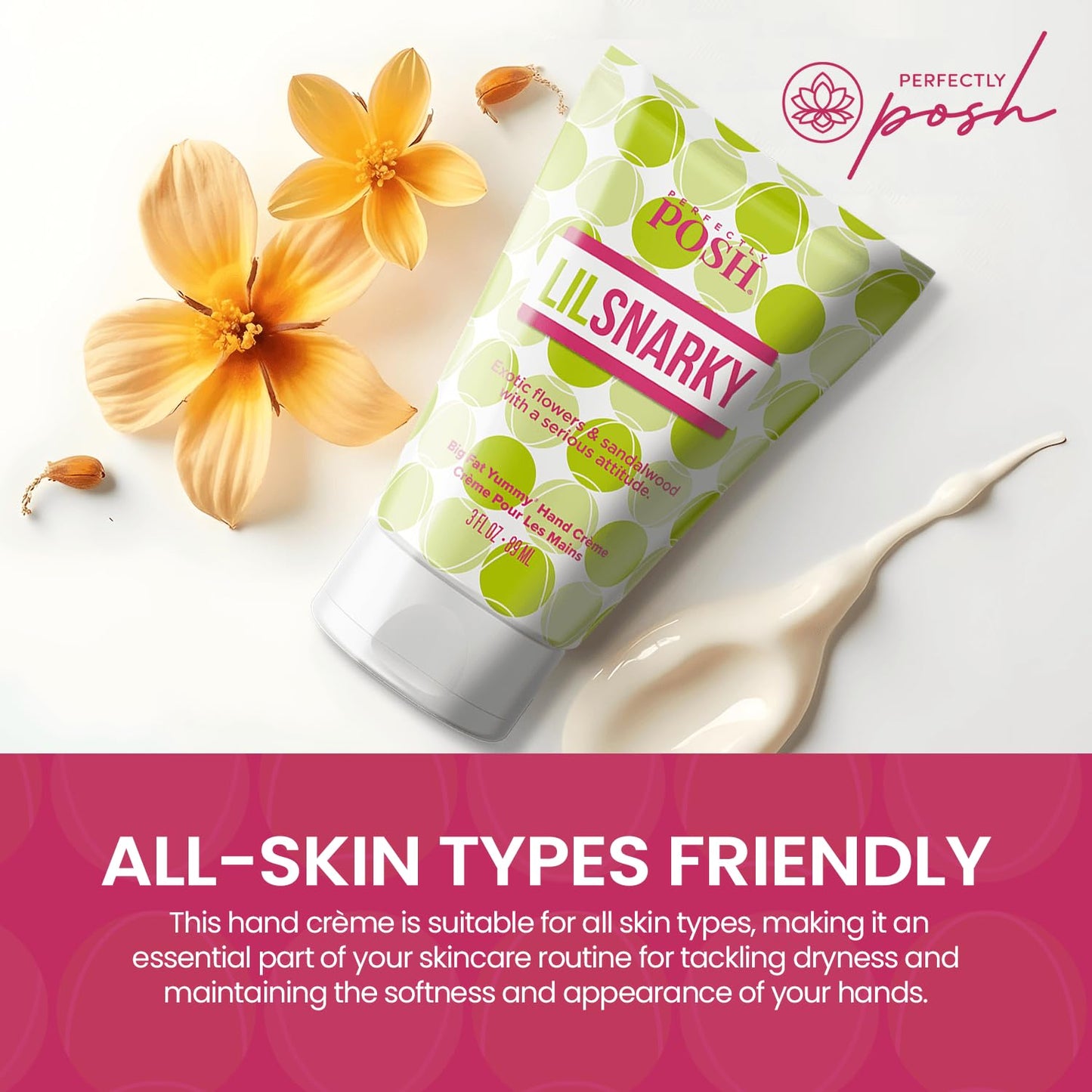 Perfectly Posh - Snarky Big Fat Yummy Hand Crème - Non-Greasy Moisturizing Hand Cream with Apricot Oil, Coconut Oil and Glycerin - 89ml