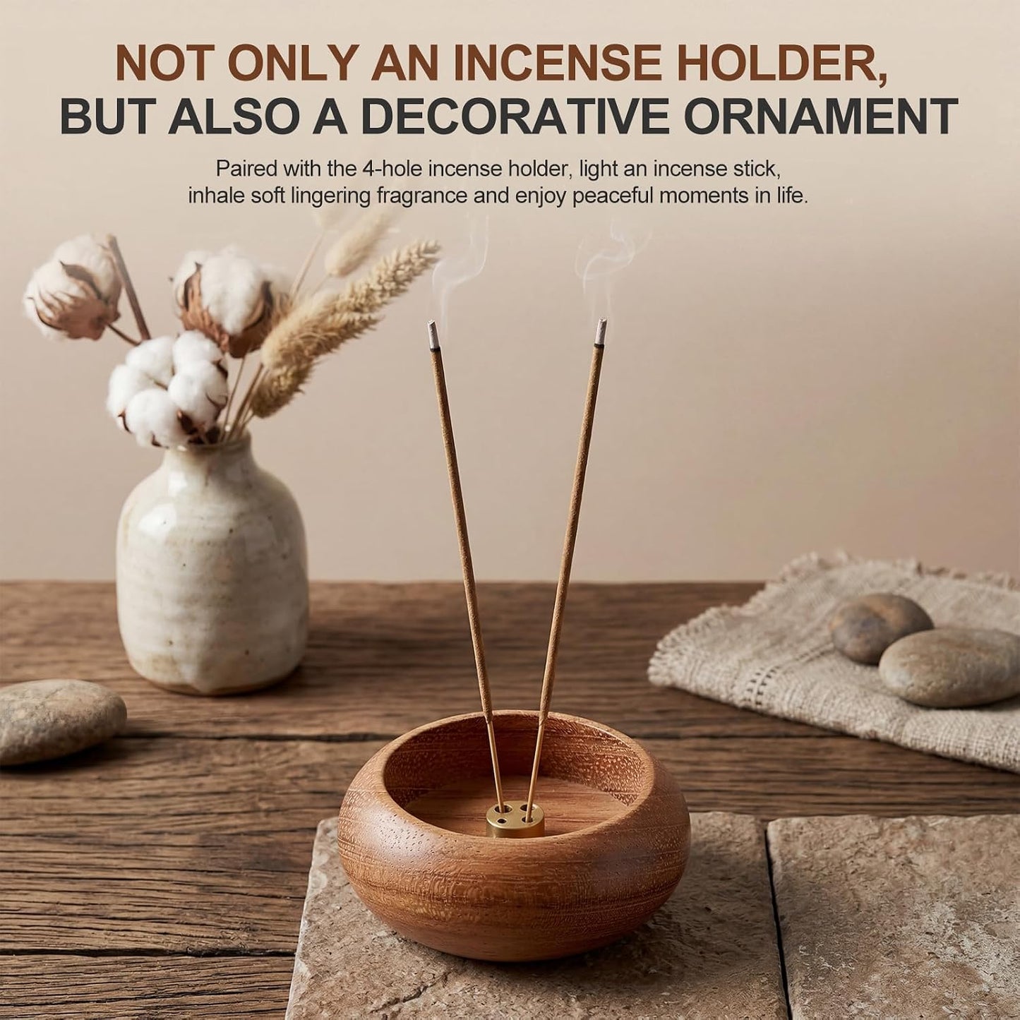 Natural Wood Incense Holder with 4 Holes, 2.36" Wooden Incense Burner for Sticks, White Sage & Palo Santo, Handmade Ash Catcher for Home, Meditation, Yoga