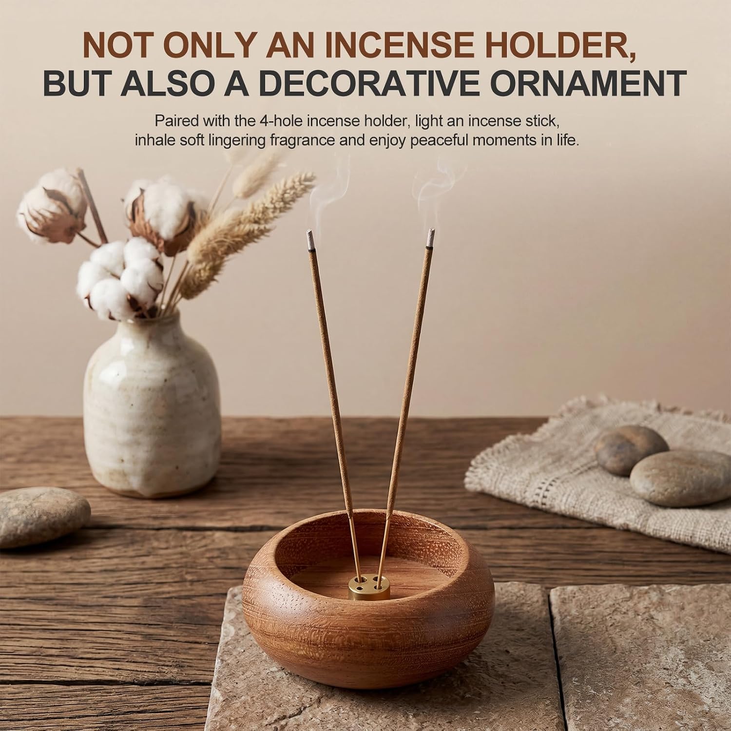 Natural Wood Incense Holder with 4 Holes, 2.36" Wooden Incense Burner for Sticks, White Sage & Palo Santo, Handmade Ash Catcher for Home, Meditation, Yoga