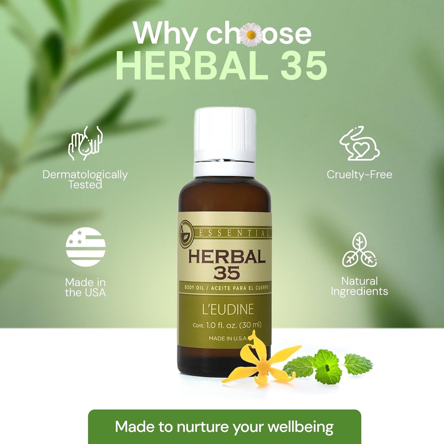L’EUDINE Herbal 35 Essential Oil Blend - 35 Natural Extracts with Peppermint, Eucalyptus & Lavender - Relaxing Aromatherapy Oil for Diffuser, Massage & Stress Relief - Vegan & Pure Wellness, 1 Fl Oz