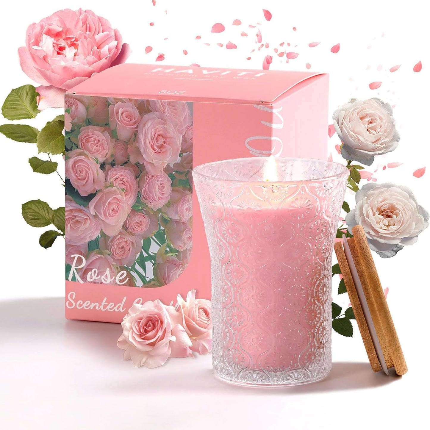 HAVITI Rose Scented Candle, Soy Jar Candles Gift Women,8 OZ Aromatherapy Pink Candles for Galentines Valentines Mother's Day, Bridal Shower, Home Decor