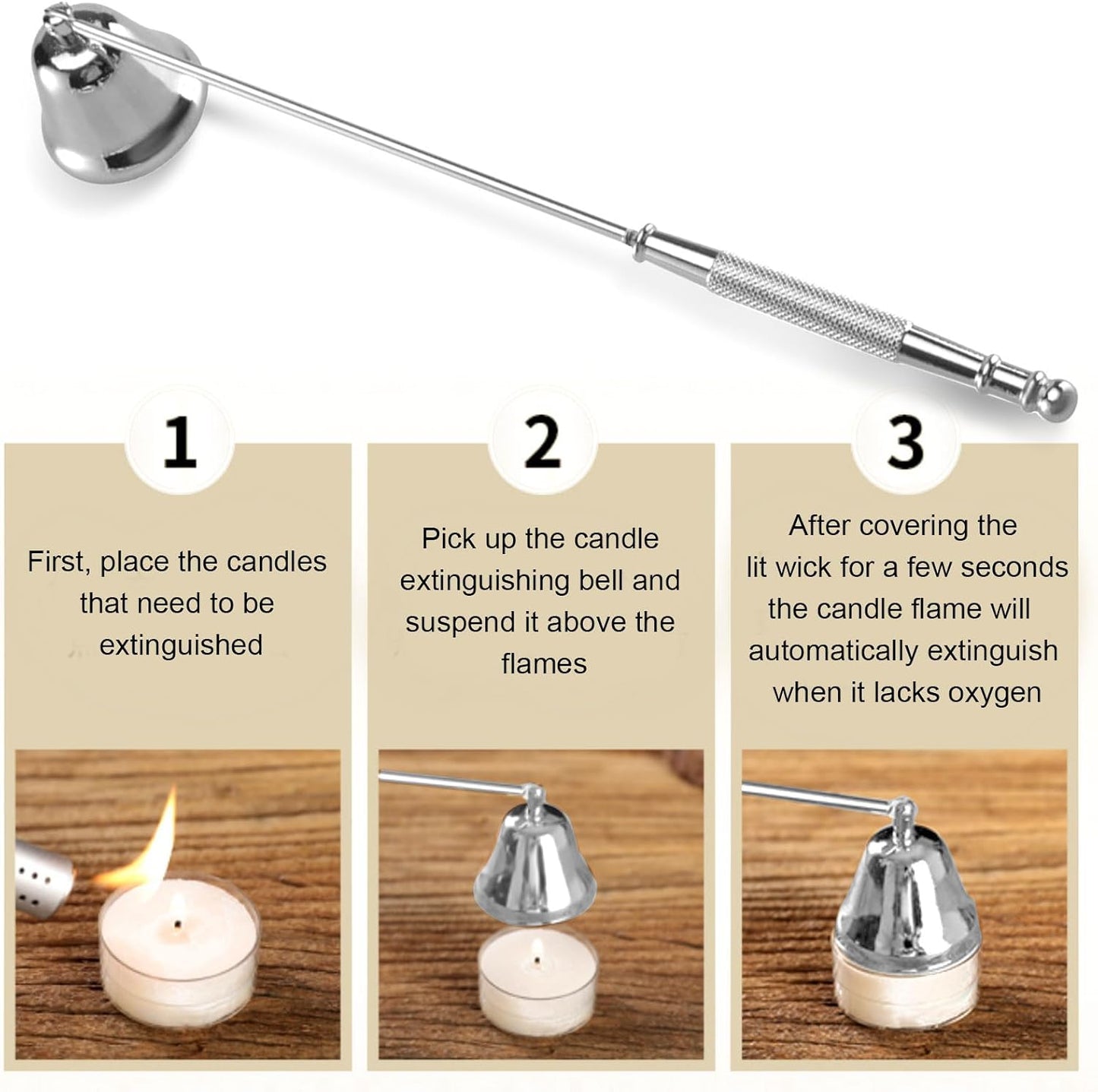 Candle Snuffer, Candle Snuffers Wick Snuffer, Candle Accessory, Extinguish Candle Flame Safely with Long Handle Putting Out Fire, Candle Extinguisher Tool (Silvery)