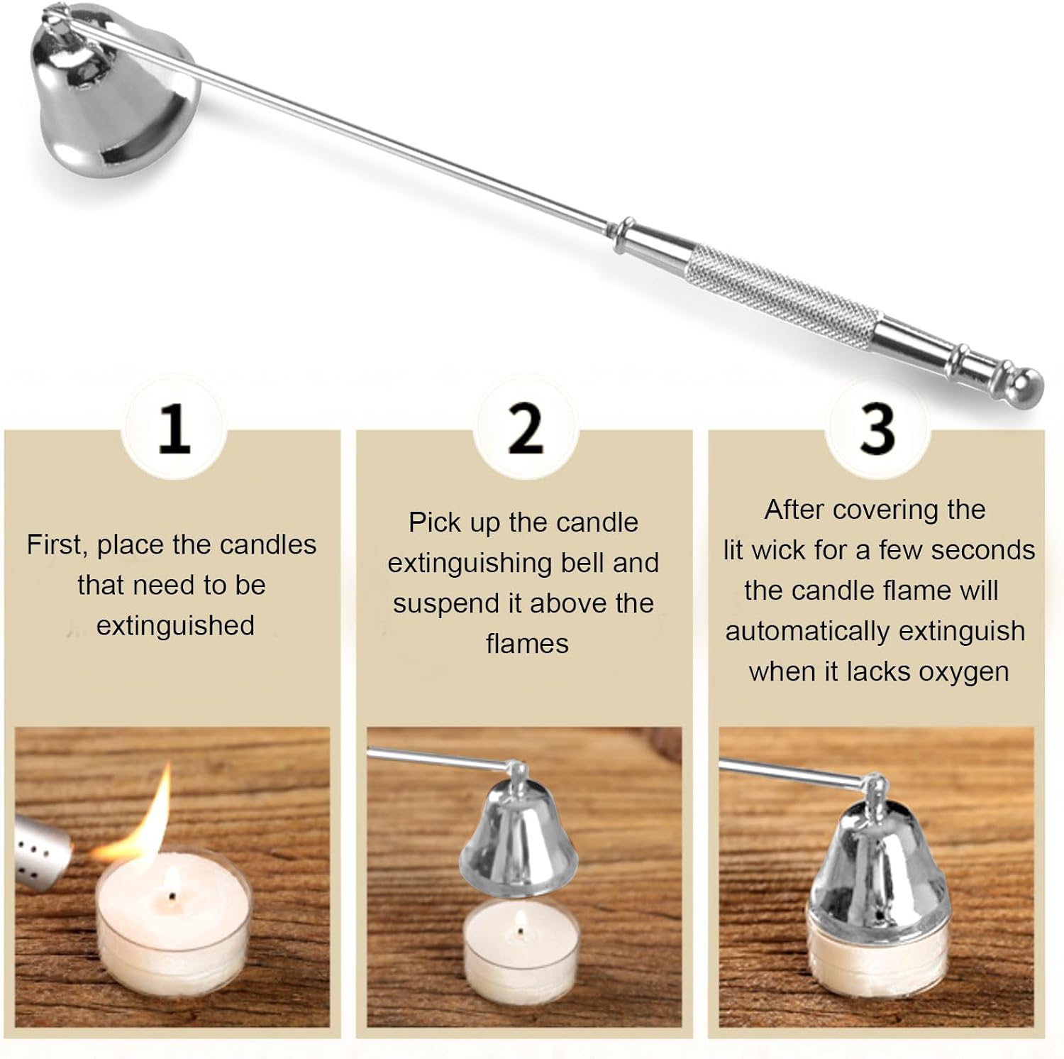 Candle Snuffer, Candle Snuffers Wick Snuffer, Candle Accessory, Extinguish Candle Flame Safely with Long Handle Putting Out Fire, Candle Extinguisher Tool (Silvery)