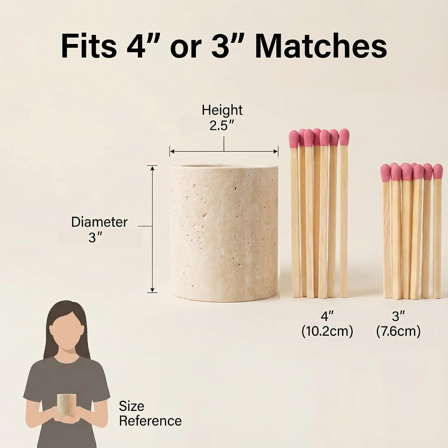 Match Holder with Striker Travertine Match Jar Decorative 2.5” x 3” Matchstick Organizer for Fireplace, Candles, Parlor Cute Match Jar for Home Decor Gift, Matches Not Included
