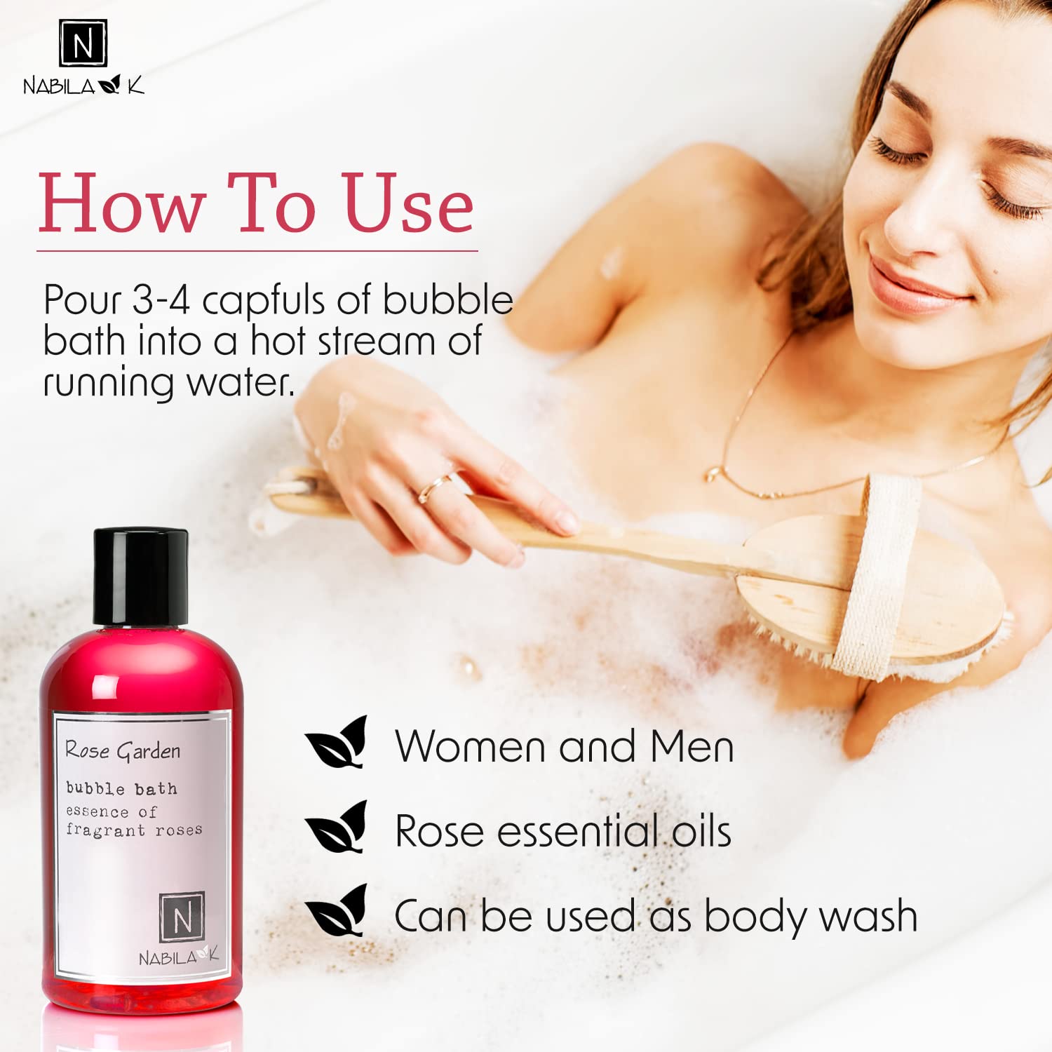 Nabila K Rose Garden Travel Size Bubble Bath with Rose Essential Oils | Natural & Organic, Sulfate-Free, Tear-Free | Aromatherapy Floral Bath Soak for Sensitive Skin | for Women & Men, 2 oz