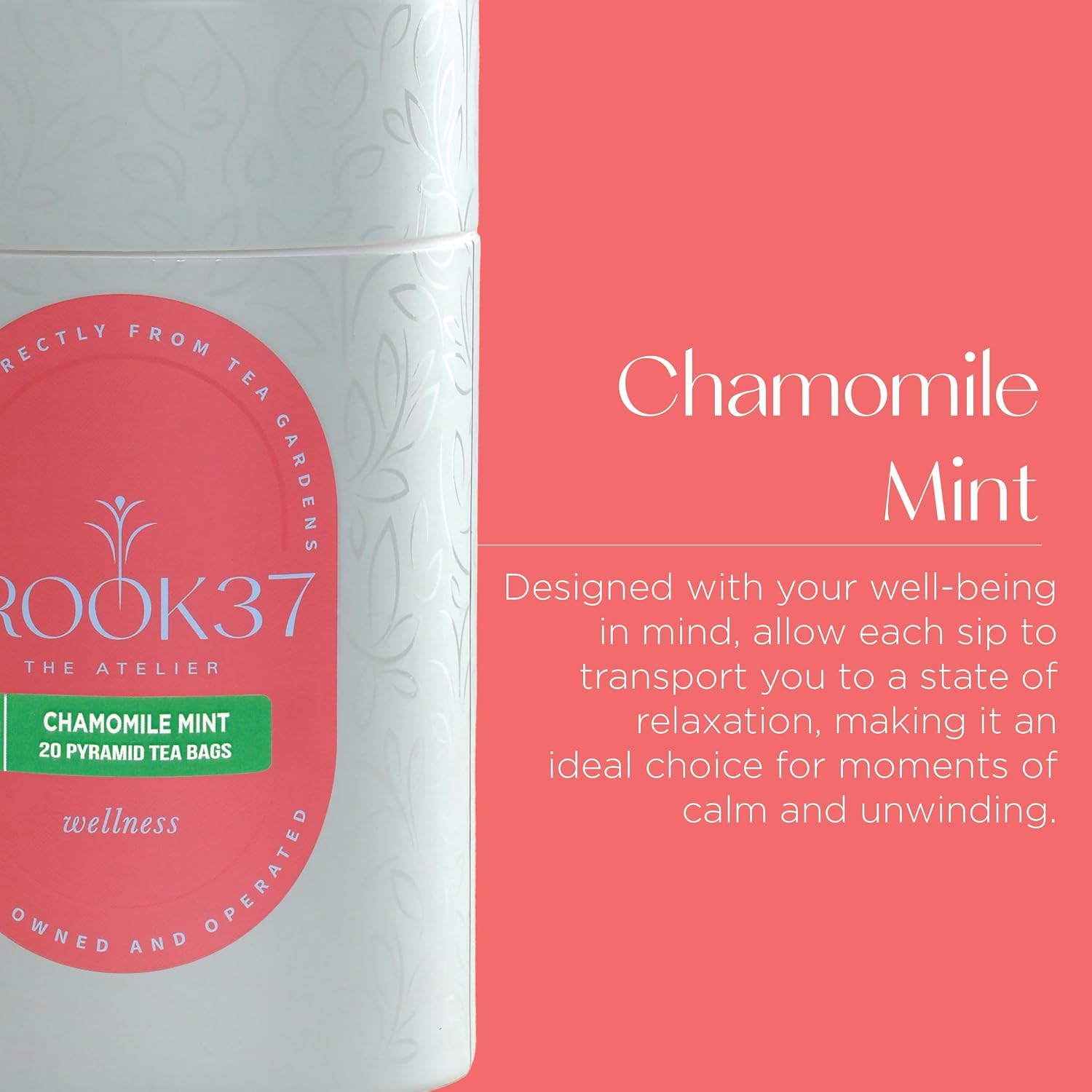 Brook37 Chamomile Mint Herbal Tea - Caffeine Free, Herbal Wellness Tea with Chamomile, Lavender, Rose and Spearmint - Plant-Based Pyramid Sachets, Floral Mint Blend, Gourmet Gift for Tea Lovers
