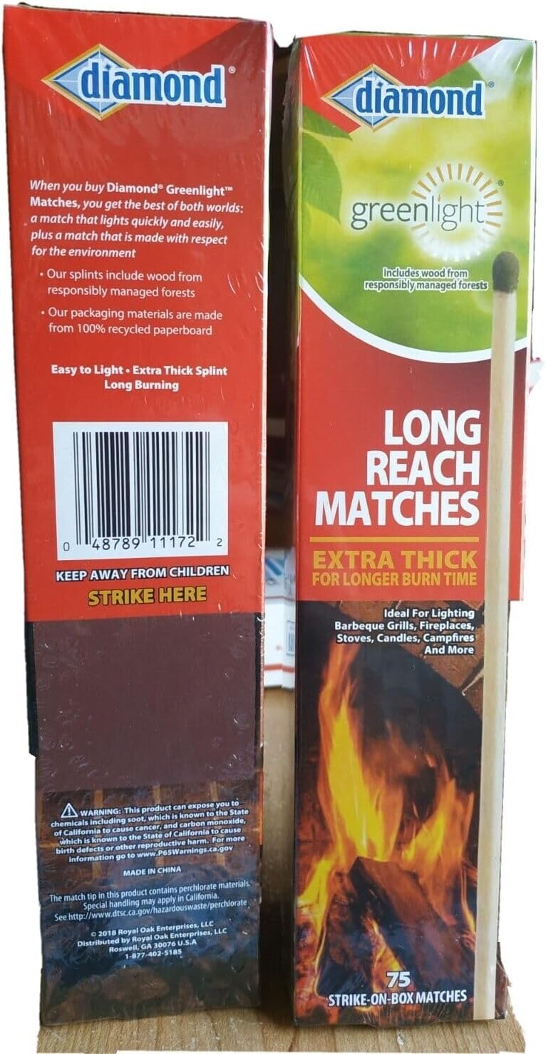 LIJA Diamond Long Reach Matches, 2 Pack (150 Count), Wood, Extra Thick Splint for Longer Burning
