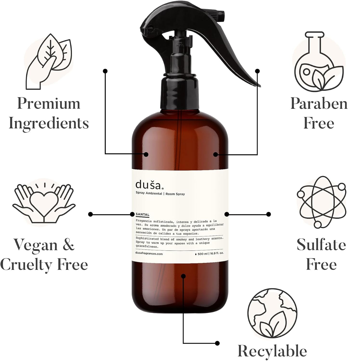Dusa Santal Room Spray - 16.9 fl oz - Ultimate Home Fragrance, Bed Room Essentials & Soothing Fabric - Natural Air Freshener & Linen Mist for Home - Eco-Friendly Odor Eliminator w/Aromatherapy