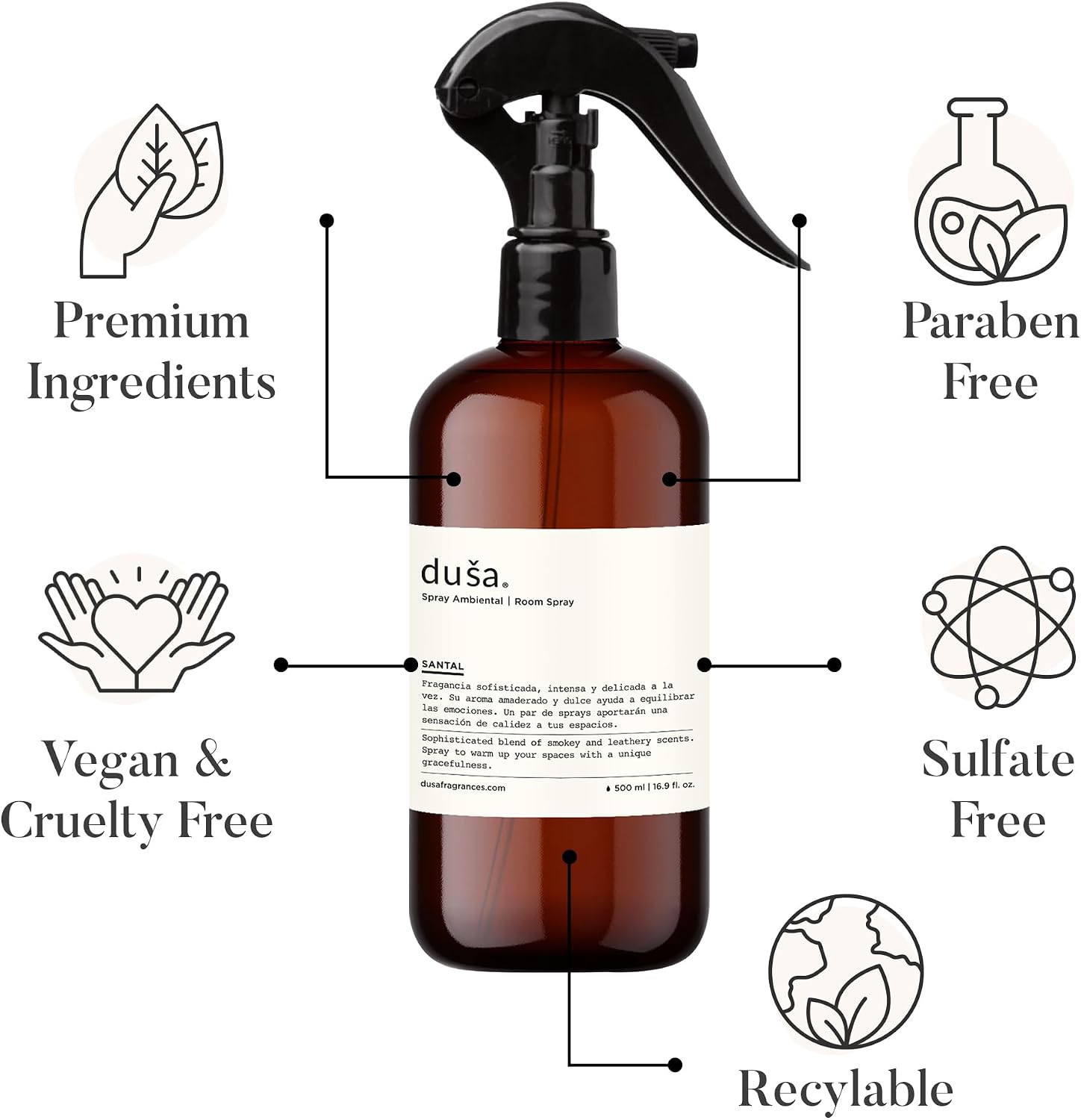 Dusa Santal Room Spray - 16.9 fl oz - Ultimate Home Fragrance, Bed Room Essentials & Soothing Fabric - Natural Air Freshener & Linen Mist for Home - Eco-Friendly Odor Eliminator w/Aromatherapy