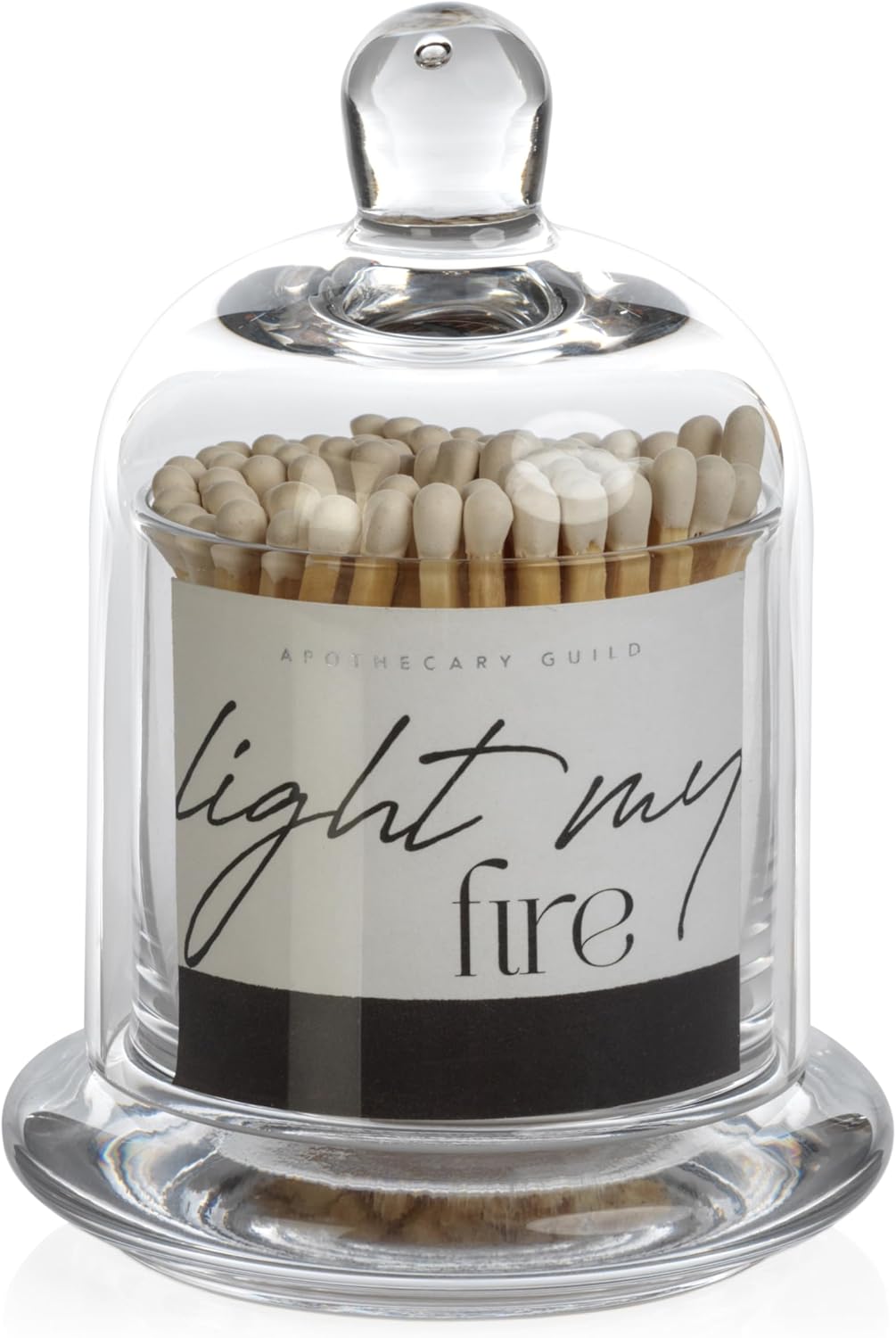 Zodax Apothecary Guild Light My Fire Matches with Glass Dome - Home Decor for Bathroom and Kitchen - Glass Jar with Bell Cloche - Decorative Match Holder - Includes 150 Matchsticks - White