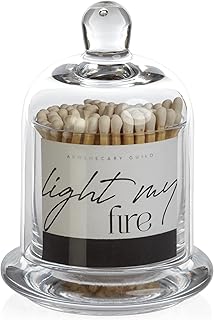 Zodax Apothecary Guild Light My Fire Matches with Glass Dome - Home Decor for Bathroom and Kitchen - Glass Jar with Bell Cloche - Decorative Match Holder - Includes 150 Matchsticks - White