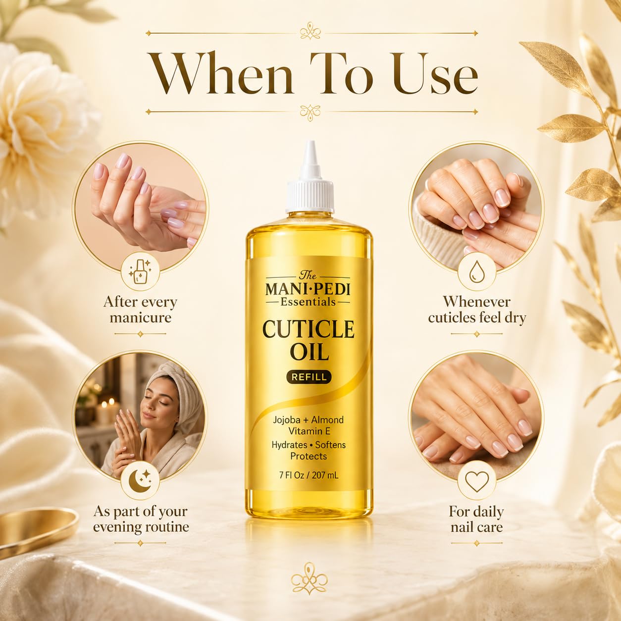 Professional Cuticle Oil Refill/Bulk Pack with precision nozzle for easy refilling - 7 Fl Oz. Enriched with Jojoba Oil, Vitamin E & Sweet Almond Oil. Nail Tech Supplies for Nourished Nails & Cuticles