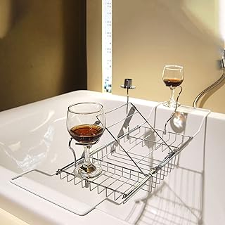 BESTHLS Bathtub Tray Caddy for Luxury Bath Expandable Extra Wide Bath Tub Tray with Wine Glass Holder & Soap Accessaries Holder & Laptop Reading and Organizer Ideal for Home Spa Lover (Silver)